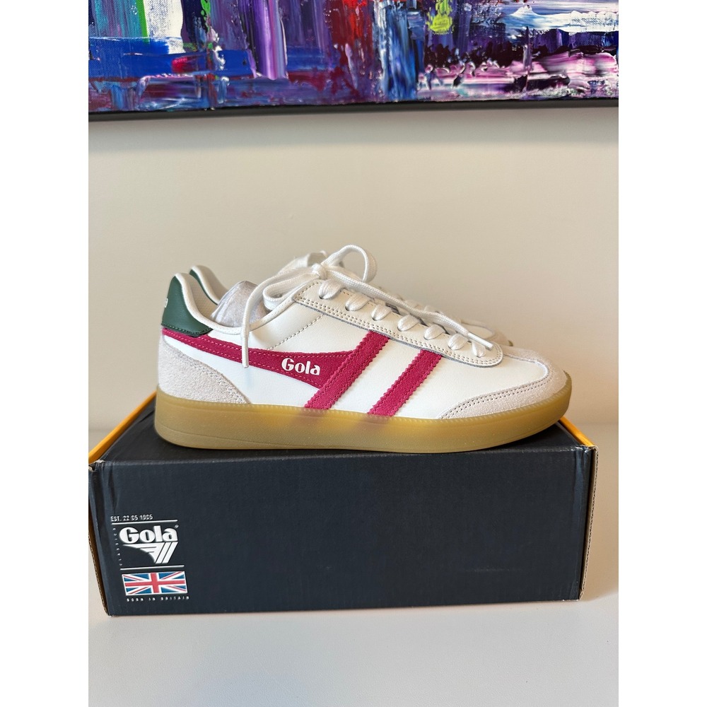 New Gola Viper Leather Sneakers in White Fuchsia Evergreen Gum | Size 6